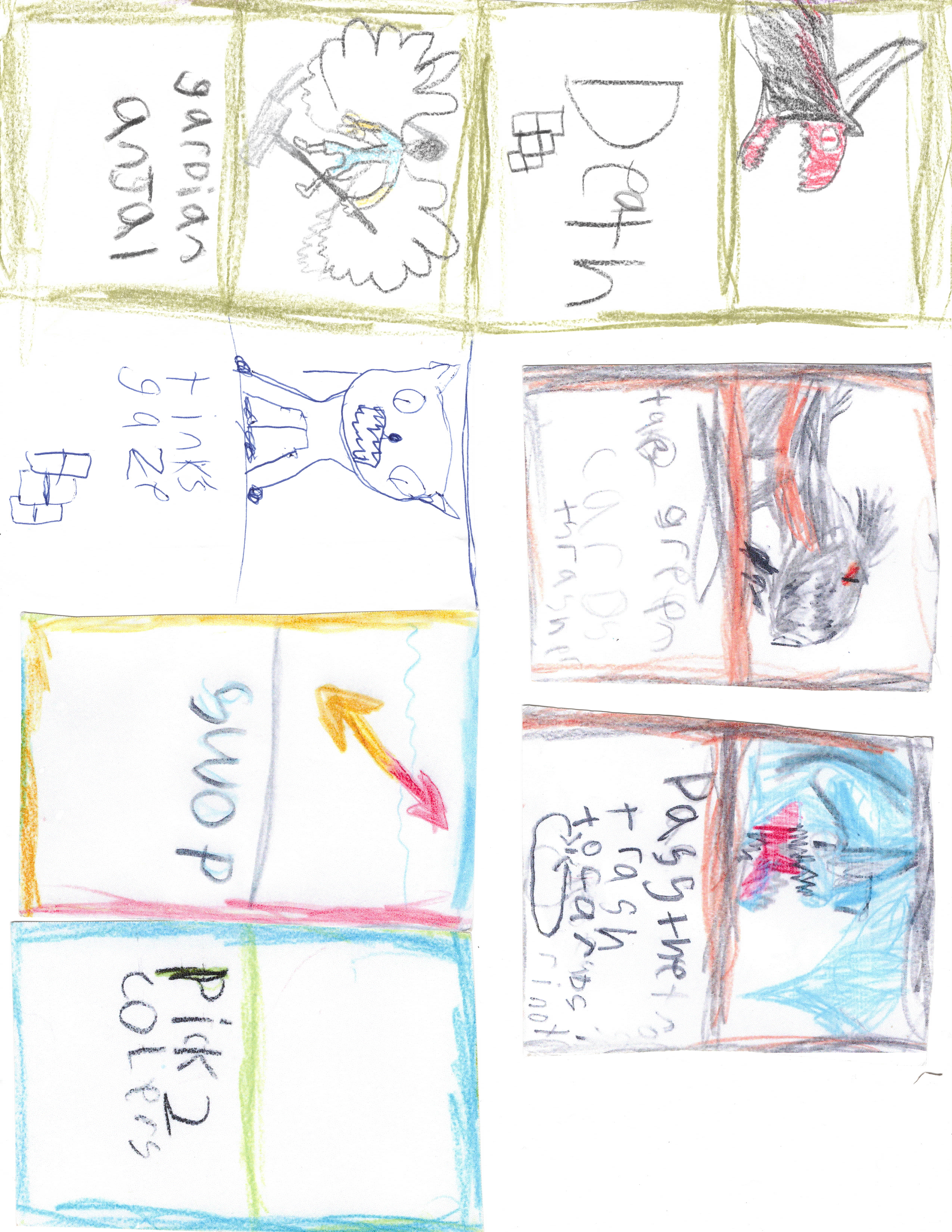 Luke Grau original hand-drawn concept art scan sheet 2 — Guardian Angel, Death, Tink's Gaze, Swap, Pass the Trash, Pick 2 Colors