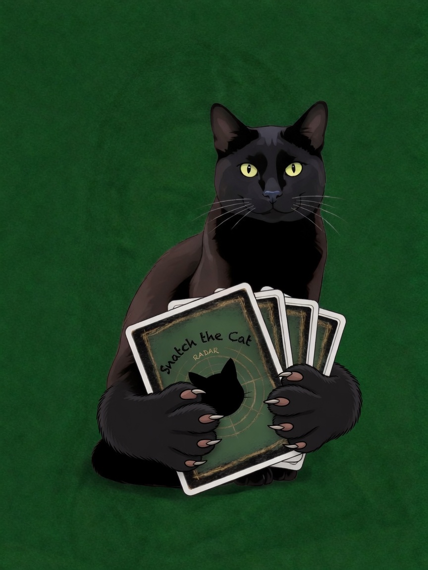 Radar holding a fan of Snatch the Cat cards